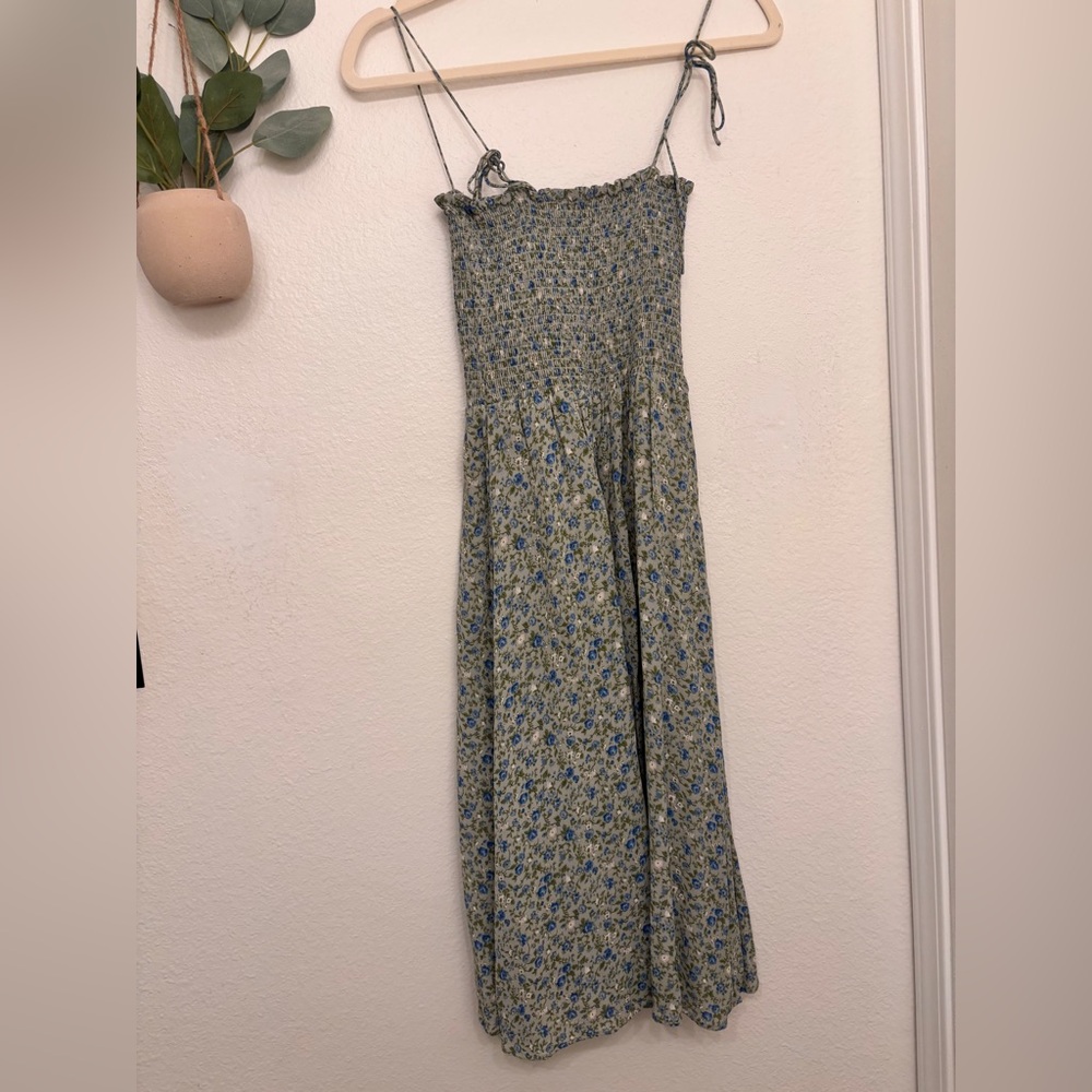 Reformation Green Floral Smocked Midi Dress with Blue Accents